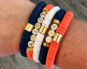 ASTROS Stack // HTX Stack // Astros Bracelets // Gift for Her // 8 mm Stretch Heishi Bracelets // Houston Astros Bracelet // African Vinyl