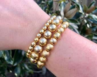 14k Gold Plated Ball Bracelet Brushed Finish // 6 8 10 mm Gold Bracelets // Mix & Match // Gift for Her