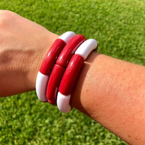 GAME DAY - Crimson Red and White Bracelets // 12 mm Acrylic Bracelets // Stack Bracelets // Resin Tube Bracelet // Lightweight