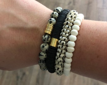 Black & White Bracelet Stack // Dalmatian Jasper // African Bone Beads and Heishi Beads // Gift for Her // Stocking Stuffer