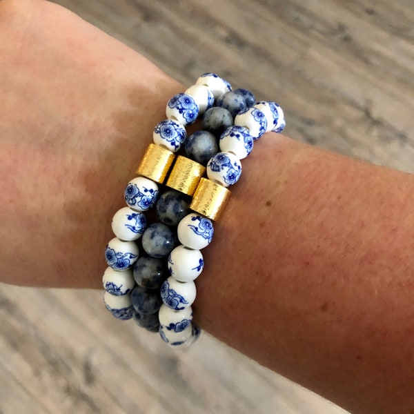 Porcelain White Flower Bracelet // Blue Sodalite Bracelet // 8 mm Stack Bracelets // Mix and Match // Gift for Her