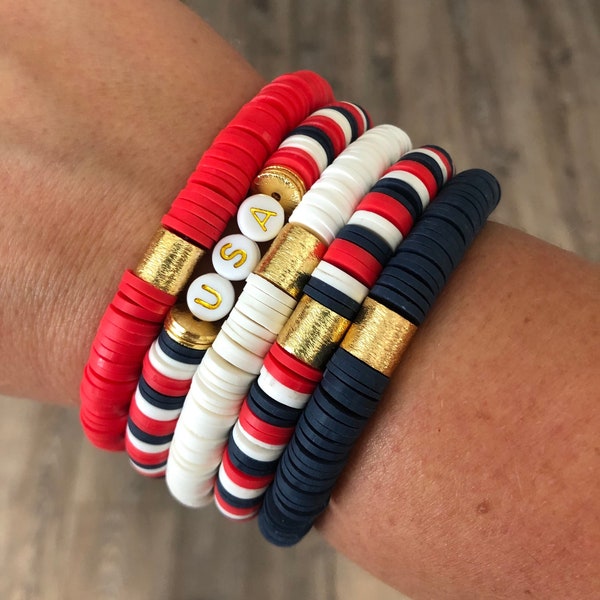 FREEDOM Stack // Patriotic Arm Party // Red White Blue Bracelets // 8 mm Heishi Stack // African Clay // 4th of July Memorial Day