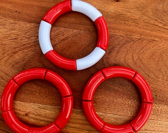 GAME DAY - Red and White Bracelets // 12 mm Acrylic Bracelets // Stretch Bracelet // Stack Bracelets // Resin Tube Bracelet // Lightweight