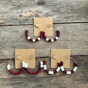 GAME DAY - Maroon and White Heishi Hoop Earrings // Texas A&M // Graduation Gift // Lightweight
