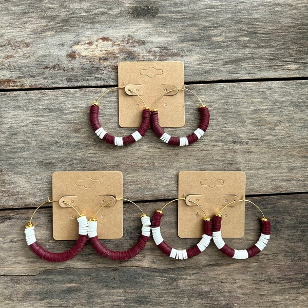 GAME DAY - Maroon and White Heishi Hoop Earrings // Texas A&M // Graduation Gift // Lightweight