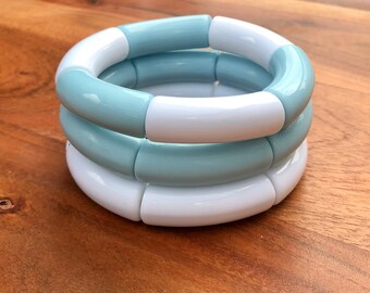 GAME DAY - Light Blue & White Bracelets // 12 mm Acrylic Bracelets // Stack Bracelets // Resin Tube Bracelet // Lightweight