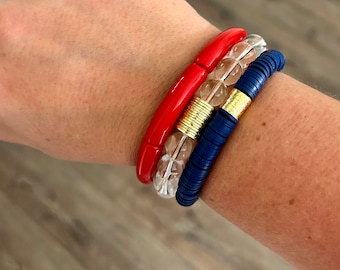 R-O-C-K IN THE USA Stack // Patriotic Stack // 4th of July Red White and Blue // Acrylic Tube Heishi Bead and Quartz Bracelets