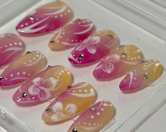 Hibiscusbloem Press On Nails | Aura-nagelkunst | Handgeschilderde zomernagelset