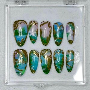 Claude Monet inspired Press On Nails | Artistic Reusable Nail set | Hand-Painted Nail Art Set