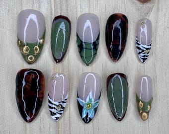 Earthy Sage Press On Nails | Handpainted Spring Nail Set