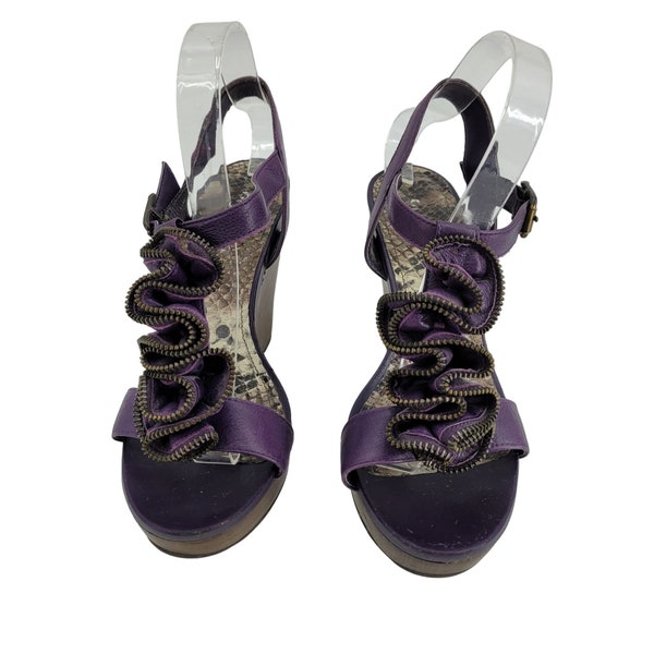 Vintage 90s Gianni Bini Platform Heels 9 Purple Leather Zipper Ruffle Steampunk