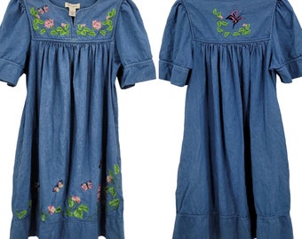 Vintage Denim Midi Dress S Blue Floral Butterfly Embroidered Puff Sleeve Kidcore Cottagecore Grannycore Boho Country Farmcore