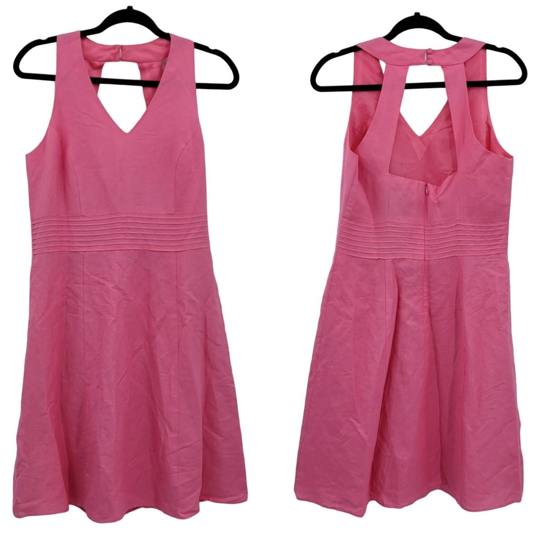 Vintage 90 s Dress Petite 10P Bubblegum Pink Linen Aline Apron Open vintage-90-s-dress-petite-10p-bubblegum-pink-linen-aline-apron-open