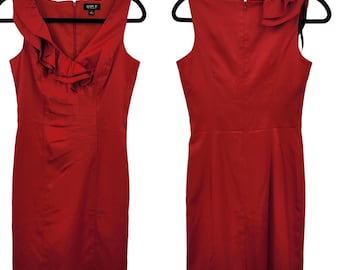 Vintage 80s Allen B Satin Sheath Dress 2 Red Asymmetrical Ruffle Neckline Party Holiday Cocktail Glam