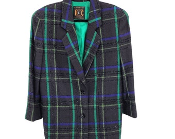 Vtg Ellen Tracy 90's Clueless Wool Sparkle Plaid Boxy Boyfriend Blazer Blue Green Single Breasted 2 Button Thigh Length Sz 4