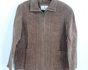 Vtg 80s JL Studio Leather Jacket Boho Country Suede Braided Detail Brown Camel Zip Up Sz 16W