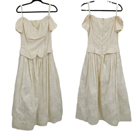 Vintage 80s Off Shoulder Full Maxi Dress M Vanill… - image 1