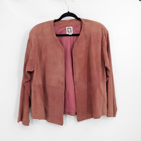 Vtg 80's Leather Suede Open Front Cardigan Boxy J… - image 1