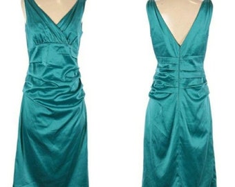 Vintage 90's Suzi Chin Y2K Cocktail Dress Slip Ruched Draped Satin Teal