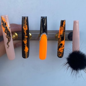 Orange and black Press On nails| Blue press on nails | Christmas Nails | Long Press on nails | Extra Long Press On Nails