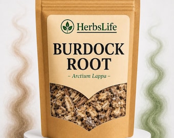 May include: A brown kraft paper pouch containing dried burdock root pieces. The label features the HerbsLife logo, the text BURDOCK ROOT, and the botanical name Arctium Lappa. The pouch sits on a white circular base with wispy smoke-like accents.