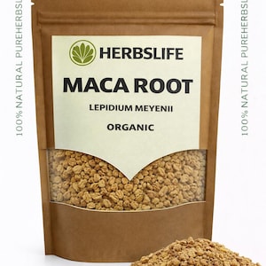 May include: A brown paper bag of maca root powder with a clear window, and a small pile of the powder in front of the bag. The bag has the text "HERBSLIFE MACA ROOT" and "ORGANIC". The text "100% NATURAL PUREHERBSLIFE.com" is on the side.