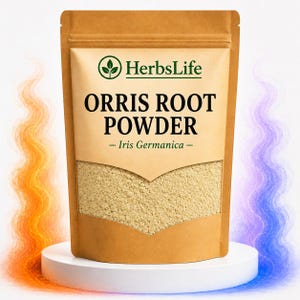 May include: A brown kraft paper pouch containing light beige Orris Root Powder. The label features the HerbsLife logo, the text ORRIS ROOT POWDER, and the botanical name Iris Germanica. The pouch has a clear window showing the fine powder.