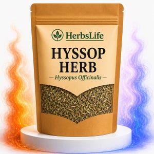 May include: A brown paper bag of Hyssop Herb, with the text "HerbsLife" and "HYSSOP HERB - Hyssopus Officinalis-". The bag is filled with dried herbs and sits on a white pedestal. Orange and blue light streaks frame the bag.