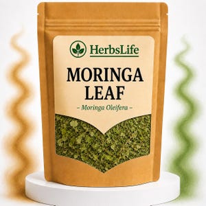 May include: A brown stand-up pouch containing dried green moringa leaves. The label features the text HerbsLife, MORINGA LEAF, and Moringa Oleifera, with a circular logo showing three leaves. A clear window reveals the green contents inside.