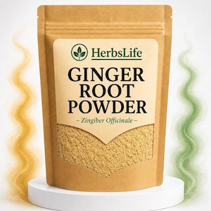 May include: A brown kraft paper stand-up pouch containing ginger root powder. The label features the HerbsLife logo, the text GINGER ROOT POWDER, and Zingiber Officinale. A clear window shows the light brown powder inside the sealed food packaging.