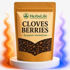 May include: A brown paper bag of cloves berries, labeled "HerbsLife." The bag features the text "CLOVES BERRIES" and "Syzygium Aromaticum." The bag is displayed on a white pedestal with orange and blue abstract designs in the background.