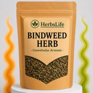 May include: A brown kraft paper stand-up pouch containing dried Bindweed Herb. The label features the text HerbsLife, BINDWEED HERB, and Convolvulus Arvensis. A clear window in the center of the pouch reveals the green and brown dried plant material.