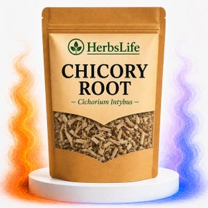 Op de afbeelding: Een bruine stazak met gedroogde cichoreiwortelstukjes. Het etiket bevat de tekst HerbsLife, CHICORY ROOT en Cichorium Intybus. De zak heeft een doorzichtig venster dat de inhoud toont en staat op een witte ronde sokkel.