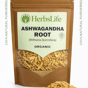 May include: A brown paper bag with a clear window displaying ashwagandha root. The bag has a green label with the text "HerbsLife ASHWAGANDHA ROOT (Withania Somnifera) ORGANIC". A pile of ashwagandha root is in front of the bag. The text "100% NATURAL PUREHERBSLIFE.com" is on the sides.