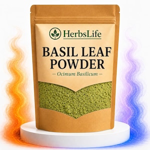 May include: A brown kraft paper pouch containing green basil leaf powder. The label features the text HerbsLife, BASIL LEAF POWDER, and Ocimum Basilicum. The pouch has a clear window showing the powder and sits on a white circular base.