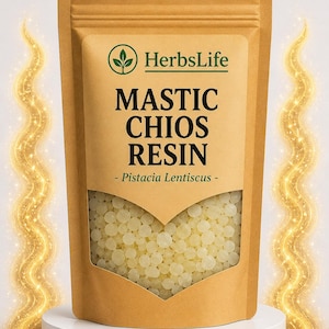 May include: A brown paper bag with a clear window displaying Mastic Chios Resin. The bag has the text "HerbsLife" and "MASTIC CHIOS RESIN - Pistacia Lentiscus -" printed on it. The resin is a light yellow color and is on a white pedestal.