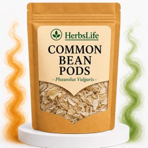 Puede incluir: Una bolsa de papel kraft marrón con vainas de judía común secas, etiquetada HerbsLife Common Bean Pods Phaseolus Vulgaris. El envase tiene una ventana transparente que muestra el material vegetal triturado de color tostado claro.