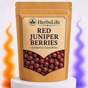 May include: A brown paper bag filled with red juniper berries. The bag features a clear window displaying the berries. The text on the bag reads "HerbsLife" and "Red Juniper Berries - Juniperus Oxycedrus -."