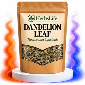May include: A brown kraft paper pouch containing dried dandelion leaf, labeled HerbsLife Dandelion Leaf Taraxacum Officinale. The pouch features a clear window displaying the green and brown herbal contents, set on a white circular base.