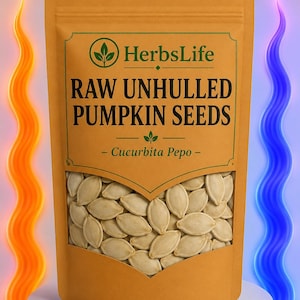 May include: A tan packet of raw, unhulled pumpkin seeds, labelled "HerbsLife" and "RAW UNHULLED PUMPKIN SEEDS". The packet has a clear window displaying the seeds. The seeds are a light beige colour. The text "- Cucurbita Pepo -" is also visible.