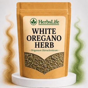 May include: A brown kraft paper pouch containing dried white oregano herb, labeled with the HerbsLife logo and the text White Oregano Herb - Origanum Heracleoticum -. The pouch features a clear window displaying the dried green herb contents.
