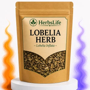 May include: A brown kraft paper stand-up pouch containing dried Lobelia herb. The label features the text HerbsLife, LOBELIA HERB, and Lobelia Inflata, with a clear window showing the green dried plant material inside the sealed packaging.