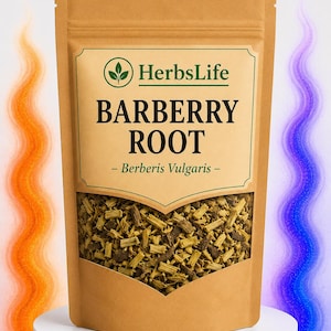 May include: A brown paper bag of Barberry Root, labeled "HerbsLife." The label features the text "BARBERRY ROOT" and "- Berberis Vulgaris -." The bag is filled with dried, chopped barberry root. The background has orange and purple wavy designs.