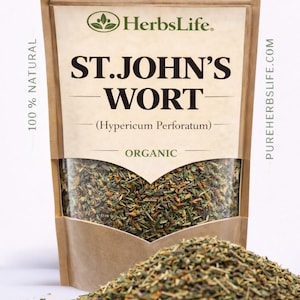 May include: A brown paper bag of St. John's Wort, with the text "ST. JOHN'S WORT" and "(Hypericum Perforatum)". The bag has a clear window showing the dried herb inside. A pile of the dried herb is in front of the bag. The bag also has the text "100% NATURAL" and "ORGANIC".