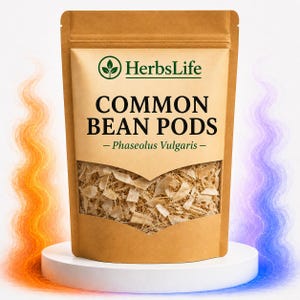 May include: A brown kraft paper pouch containing dried common bean pods, labeled HerbsLife Common Bean Pods Phaseolus Vulgaris. The packaging features a clear window displaying the light tan, shredded plant material inside the sealed bag.