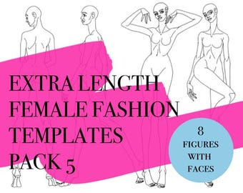 8 Figuras femininas padrão da moda · Pacote de 5 · Poses dinâmicas · Croquis para download · Tamanho inclusivo · PDF/PNG/jpeg · modelos de design de croquis