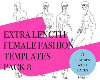 8 Female Fashion Figures with Extra Length #8 • PDF, PNG, JPEG• Woman Croquis • Front, Side, Back Pose • Art Template • Procreate/Sketchbook