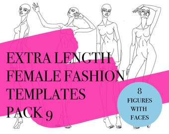 8 Female Fashion Figures with Extra Length #9 • PDF, PNG, JPEG• Woman Croquis • Front, Side, Back Pose • Art Template • Procreate/Sketchbook