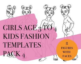 Girl Fashion Figures Age 3 to 4 Pack 4•  8 Croquis • PDF, PNG, JPEG • Digital Download for Procreate/Adobe  •  Art template / Procreate