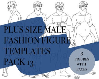 8 figuras de moda masculina de talla grande con rostros · Poses dinámicas · Croquis imprimibles/descargables · Tamaños incluidos · PDF/PNG/jpeg · Paquete de 13